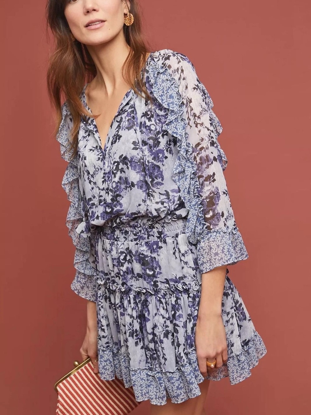MISA Los Angeles Eliza Blue Floral Ruffled Mini Dress size XS